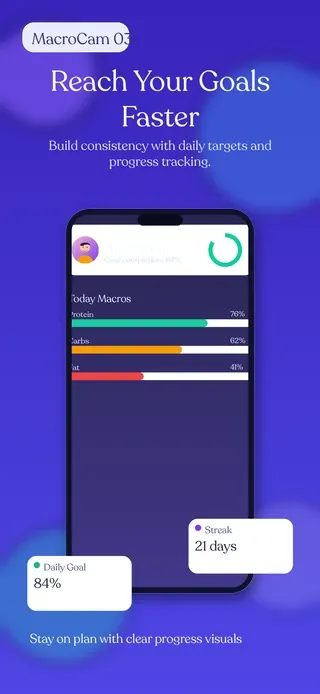 MacroCam nutrition result screen showing calories, protein, carbs, and fat